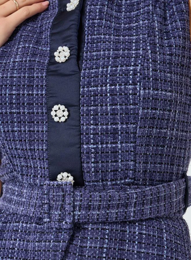 Styli Women Belted Tweed Look Midi Dress